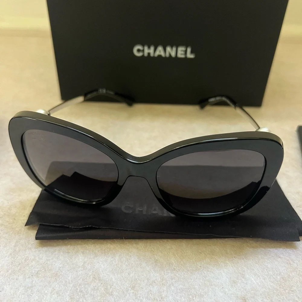 Chanel Black Square Sunglasses with Pearl Detail
